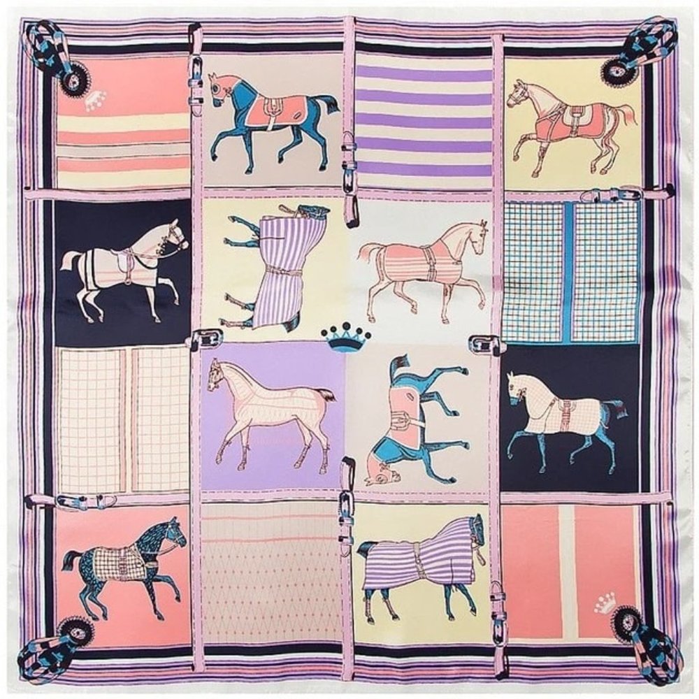 equestrian horse silky feeling polyester 90x90cm scarf, purse, hair accesory